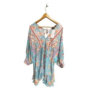 Aakaa Womens Blue Floral Boho Mini Dress V-Neck Tassel Tie Back Size L NEW